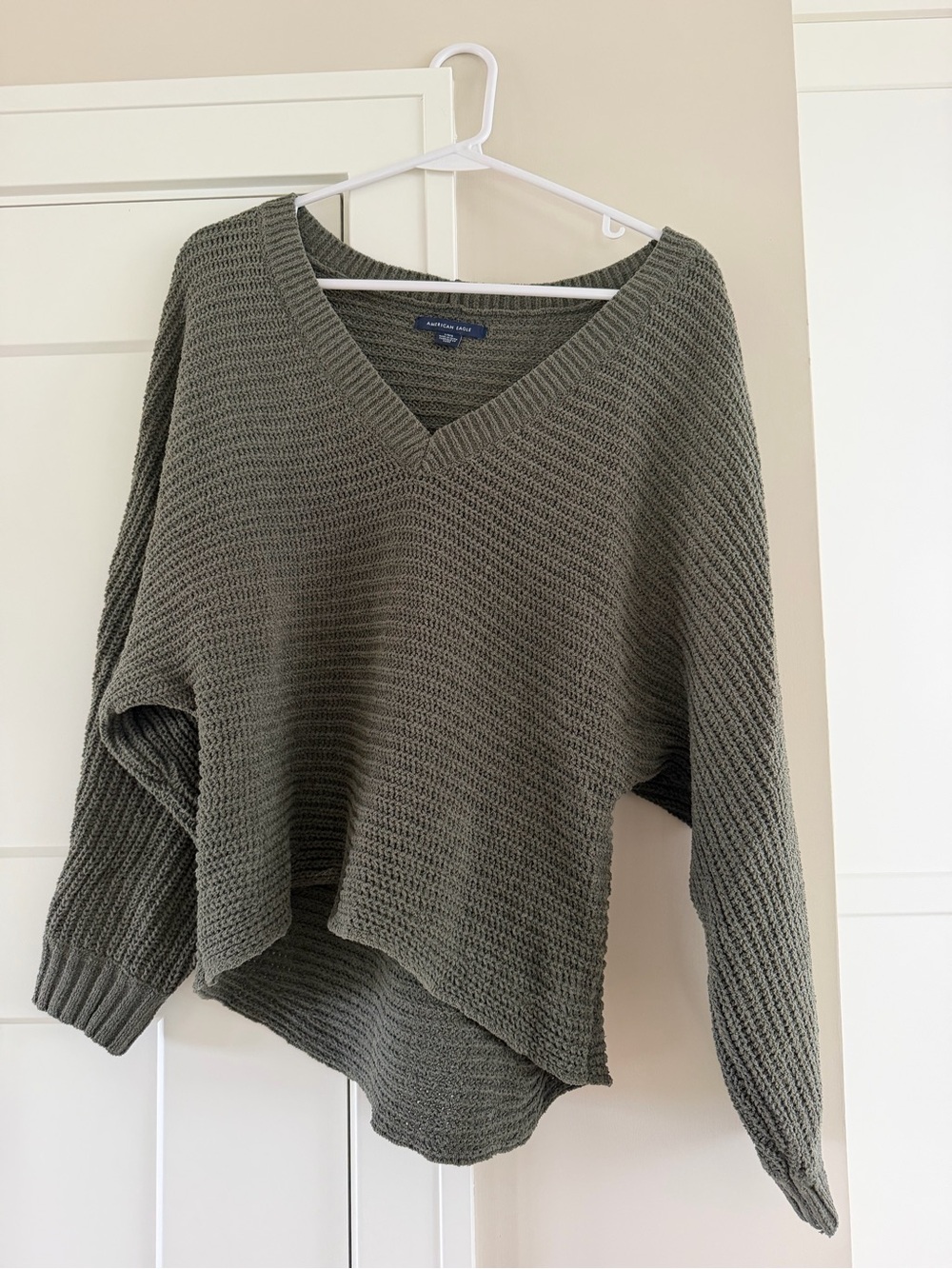 American Eagle Outfitters Olive Green V-Neck Waffle Knit Sweater